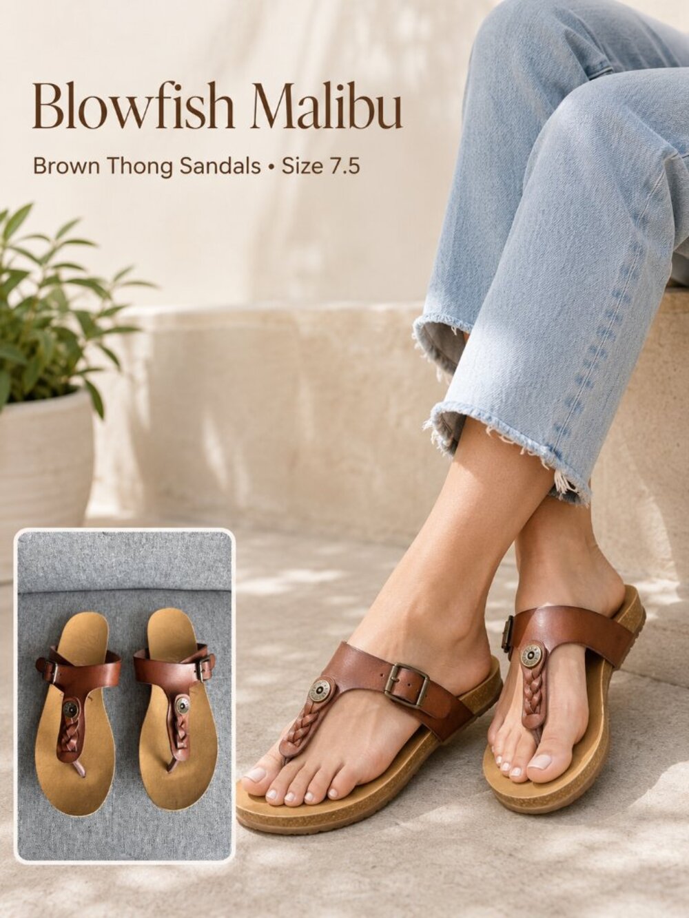 Blowfish Malibu Brown Faux Leather Thong Sandals Size 7.5